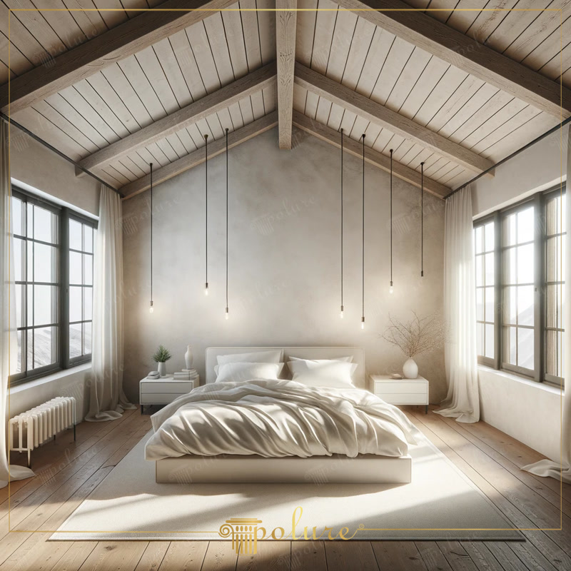 Un dormitor luminos și liniștit, cu grinzi de lemn din poliuretan rustic minimalist