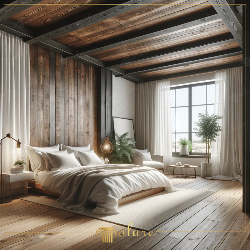 Dormitor rustic proiectat cu grinzi din lemn poliuretan elegant și natural Acest dormitor combină căldura grinzilor din lemn de poliuretan și textura rustică a lemnului natural cu o notă modernă. Tavanul înalt impresio