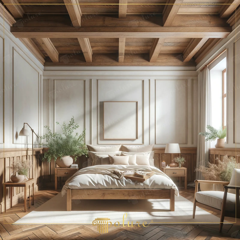 Interior rustic de dormitor, îmbogățit cu grinzi din lemn poliuretan de eleganță atemporală Grinzile din lemn din poliuretan sunt una dintre pietrele de temelie ale designului rustic al dormitorului, iar aceste elemente joacă un rol principa
