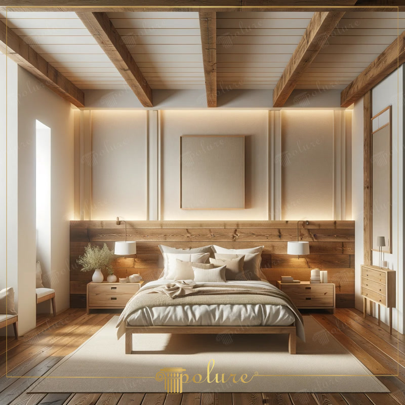 Decor de dormitor rustic conceput cu grinzi de lemn din poliuretan cu atingere naturală Grinzile din lemn din poliuretan sunt una dintre cele mai impresionante modalități de a aduce frumusețea pură a naturii în casa ta În acest deco