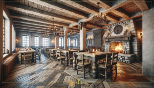 Reinterpreting Traditional Rustic Tavern Decoration with Polyurethane Beams and Log Rafters Rustic decoration is an ideal choice for taverns that offer a warm welcome to visitors and create a peaceful atmosphere. Polyurethane beam and log raf