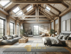 Large and Rustic Bedroom Decoration Designed with Bright and Peaceful Polyurethane Beams While the naturalness and peace of the rustic style manifests itself in large spaces, it also gains a modern touch with the use of polyurethane beams.