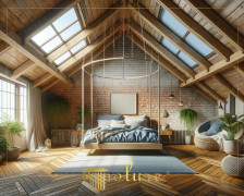 City Loft Bedroom Enriched with Rustic Contemporary Polyurethane Beams The bedroom in the image combines the contemporary texture of the city loft with the warmth of rustic style, with a decoration enriched with polyureth