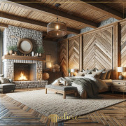 Modern Comfort with Rustic Warmth Bedroom with Fireplace Equipped with Polyurethane Beams