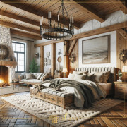 Blending Classical Elegance with Rustic Touches Elegant Bedroom Decorated with Polyurethane Beams The bedroom in the image offers a timeless decoration by combining the rustic texture of polyurethane beam logs and rafters with the elegance of class