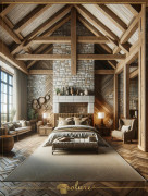 Magnificent Bedroom Decoration with Rustic Charm Polyurethane Beams The bedroom in the image skillfully combines the rustic aesthetics of polyurethane beam, log and rafter models with the comfort of modern design. This