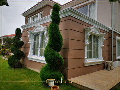 Decorații estetice de fațadă din poliuretan care ies în evidență printre verde