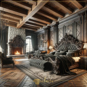 Timeless Magnificence Rustic Bedroom Decorated with Polyurethane Wooden Beams This bedroom displays the timeless splendor of the classic rustic style with the warmth of polyurethane wooden beams and the elegant touches of wooden