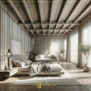 Dance of Natural Light with Wood Modern Rustic Bedroom Design This bedroom paints a peaceful portrait of modern rustic design, using the durability of natural wood beams and polyurethane. Every corner of the room