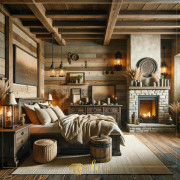 A Rustic Break in the Warmth of Natural Wood Bedroom with Polyurethane Beams This bedroom offers the perfect rural getaway with the rustic texture of polyurethane wood beams and the warmth of a natural stone fireplace. The room
