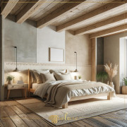Peace with Natural Touches Polyurethane Wooden Beam Bedroom This bedroom combines the natural beauty and rustic appeal of polyurethane wooden beams with the simple aesthetics of modern design. Light-coloured wa