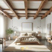 An Elegance Beyond Time Modern Rustic Bedroom with Polyurethane Wooden Beams This bedroom offers timeless elegance by combining the warmth of polyurethane wooden beams with the simplicity of contemporary furniture. The beams in