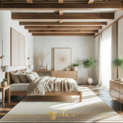 Warm Touch of Wood, Minimalist Bedroom Enriched with Polyurethane Beams This bedroom blends a warm atmosphere and the tranquility of minimalist design in perfect harmony with polyurethane wooden beams. Light-colored walls 