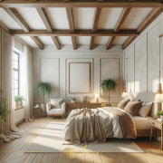 Rustic Charm with Modern Touches Polyurethane Wooden Beam Bedroom Decor The bedroom in the image offers a peaceful haven that perfectly combines the calmness of contemporary design with the warmth of rustic decor. Polyuret