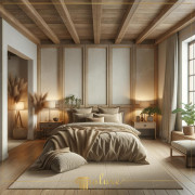 Rustic Elegance Modern Bedroom Decoration Created with Polyurethane Wooden Beams Our bedroom should be a personal shelter where we can get away from the stress of daily life and find peace and comfort. The bedroom in the image perf