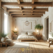 Modern Rustic Bedroom Decoration with Polyurethane Wooden Beams The bedroom in this image combines the warmth of polyurethane wooden beams and the elegance of wooden decorative products with a modern rustic aesthet