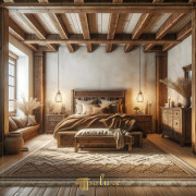 Rustic Bedroom Decoration Ideas Enriched with Polyurethane Wooden Beams The warm and inviting atmosphere of the bedroom in the picture combines the naturalness of rustic design with the ease of modern materials. Polyuretha
