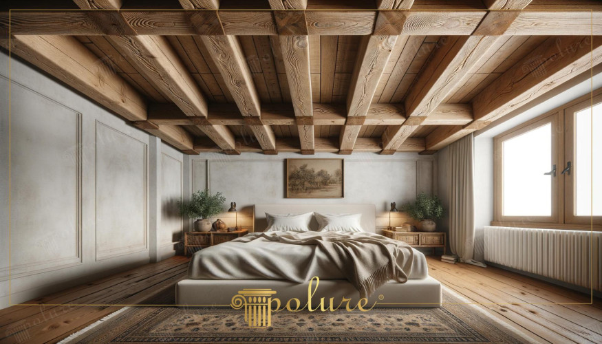 Modern Rustic Bedroom Decoration with Natural Touches Polyurethane Beams and Log Rafters One of the best ways to add the warmth and sincerity of nature to modern living spaces is the rustic decoration style. Polyurethane beams and log rafters, one of the most striking elements of this style, stand out with both aesthetic and practical advantages. In this article, we will make suggestions on how to create the rustic bedroom decoration seen in the visual. Polyurethane beams are natural While it reflects the warmth and texture of wood, it also brings modern manufacturing advantages such as durability and easy assembly. Log rafters, which we often encounter in rustic bedrooms, are preferred to add an authentic atmosphere to the spaces. For this type of decoration, your focus is on the beams and rafters that decorate the roof and walls of the room. The beams placed diagonally on the ceiling and walls, as in the image, add depth and character to the general atmosphere of the room. These structural elements provide integrity and harmony throughout the space, allowing the room to function not only as a bedroom but also as a living space. A design that is in harmony with the remaining elements should be preferred. A simple and relaxing sleeping area is created with the selection of linens and blankets in natural tones. The artwork behind the headboard and the potted plants on the side tables are important details to create a natural and peaceful atmosphere. The wide wooden floors used on the floor of the space reinforce the rustic feeling. The patterned carpet in the middle of the room increases the warmth and comfort of the space. Large windows allow natural light to flow in, contributing to the room being spacious and bright.