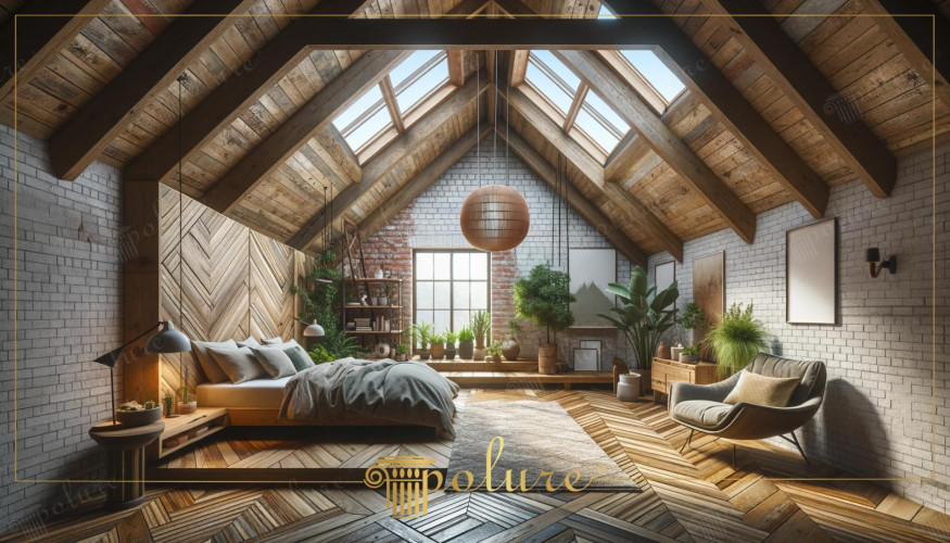 Loft Bedroom Decoration with Rustic Design Polyurethane Beams The bedroom in the image displays a striking combination of industrial style with a rustic decoration using polyurethane beam logs and rafters. High ceilings and an open space feeling reflect the characteristic features of a loft-style living space, offering a design enriched with rustic touches. Harmonious Combination of Rustic and Industrial Style In this bedroom, polyurethane beams are combined with wooden A warm rustic atmosphere is created by using its texture together with brick and concrete surfaces. High ceilings and large windows inspired by the industrial style emphasize the large and open-plan structure of the room. Skylight windows in the attic allow plenty of natural light to enter, making the space spacious and bright. The Main of Design The wooden floor laid in different patterns, the lines of which draw attention in the design of the bedroom, increases the dynamism and aesthetic diversity of the space. The bed platform creates the focal point with a simple and modern bed design. Placed green plants bring nature into the interior, creating a feeling of peace and relaxation. Modern furniture selections and lighting elements that add a modern touch to the rustic decoration complete the overall design of the room.