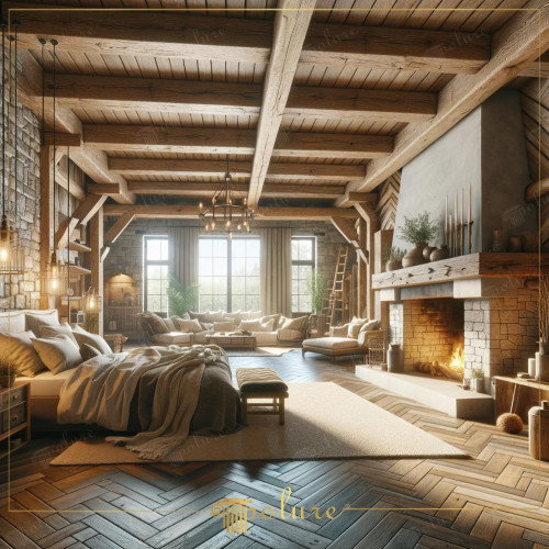 Modern Comfort in a Rustic Air, Meet the Elegance of Polyurethane Beams The bedroom in the image combines the rustic texture of polyurethane beam logs and rafters with the comfort of contemporary living spaces. In this room, traditional rustic design elements are reinterpreted with modern touches and high-quality materials to create a peaceful atmosphere. Bedroom Where Traditional and Modern Meet. The general design of the room combines classic rustic elements in a contemporary framework. While the polyurethane beams and rafters adorning the ceiling reflect the texture and warmth of real wood with a modern material, the large windows of the room invite natural light in. It makes the space spacious and airy and reveals the beauty of natural light. A Cozy Environment Around the Fireplace. The fireplace in the center of the bedroom is rustic. It is one of the most important elements of decoration. The stone fireplace creates a natural focal point that increases the warmth of the room. Comfortable seating areas and soft-textured textiles placed around it make the space even more inviting. Harmonious Dance of Comfort and Aesthetics. The selection of furniture and accessories in the bedroom has been carefully considered in terms of both comfort and aesthetics. Comfortable A bed with plenty of pillows and elegant lighting elements provide all the necessary comfort, while artwork and decorative objects on the walls strengthen the character of the room.