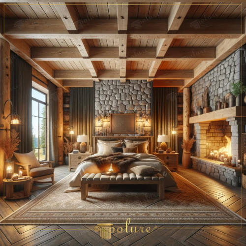 The Warmth of Polyurethane Beams in a Bedroom Enriched with Rustic Touches The bedroom in the image offers the warmth and comfort of a rustic decoration enriched with polyurethane beams, logs and rafters. This design creates an eye-catching environment by combining the texture of natural materials and the features of a comfortable living space. Modern Interpretation of the Rustic Bedroom. In this bedroom, the beams and rafters made of polyurethane material combine the rustic look of real wood. It reflects the texture and visual richness of the ceiling. The wooden texture of the ceiling and the stone coverings on the walls highlight the aesthetic beauty of natural materials. The room receives plenty of natural light thanks to the large windows, which reinforces the general bright and peaceful atmosphere of the place. A Warm and Inviting Atmosphere. The fireplace increases the warmth of the bedroom and focuses The soft light of the flames creates a relaxing ambience in the room. The candles and decorative accessories around the fireplace further emphasize this warmth and add a romantic atmosphere to the space. Meeting of Comfort and Elegance. The furniture and accessories in the bedroom have been carefully selected for both comfort and aesthetics. A comfortable bed is plenty While pillows and soft-textured textiles increase the pleasure of time spent in the room, artworks and plants that complement the general decoration of the room add liveliness and naturalness to the space.