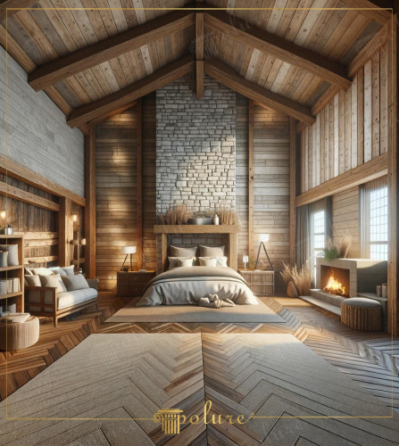 The Place Where Warmth and Naturalness Meet Rustic Polyurethane Beam and Log Details The bedroom in this picture combines the warmth and naturalness of rustic design with modern innovation. Polyurethane beams and log details add a traditional chalet feel to the room, while rafters enhance the aesthetic of high ceilings. Light wood tones, natural touches and a stone-clad fireplace create a peaceful haven. Hardwood patterns on the floor and throughout the room The fabric choices used reinforce the warm and inviting atmosphere of rustic decoration. This design is a perfect source of inspiration for anyone who wants to add a natural touch to their modern and comfortable living spaces.