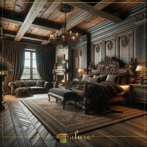 Rustic Bedroom Reflecting Royal Nobility Polyurethane Wooden Beams and Rich Decor This bedroom is full of rustic design elements reminiscent of royal nobility. The herringbone parquet pattern on the floor and the polyurethane wooden beams adorning the ceiling emphasize the historical castle atmosphere of the room. The richly detailed headboard and dark-toned furniture reveal the elegant character of the space, while the fire burning next to the fireplace brings old-world warmth and comfort to the room Chandelier and wall sconces combine modern luxury with a touch of antiquity. This room offers a richness and grandeur that history lovers and rustic design enthusiasts can be inspired by.