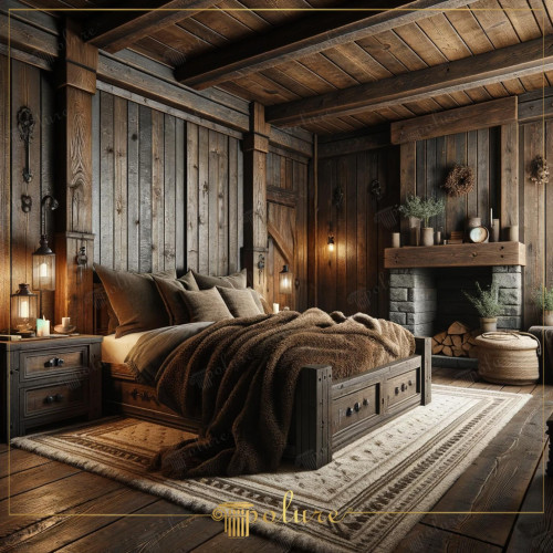 Rustic Bedroom Design with Polyurethane Beams, Where Warmth Meets Wood In this bedroom, the rustic charm of polyurethane wooden beams is used to create a rich and warm atmosphere. Every detail highlights the natural texture of the wood and the depth of the dark colors, adding character and warmth to every corner of the room. The pendant lamps at the bedside and the classic lanterns on the side tables provide nostalgic illumination of the past. It combines tranquility with modern comfort. Soft-textured carpets and elegant textile selections add a touch of luxury to this rustic getaway, while each piece of the room combines the tradition of craftsmanship and the needs of modern life.
