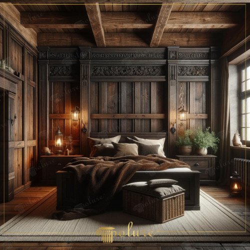 A Place That Tells Stories of the Past Rustic Wooden Beams and Antique Decor This bedroom showcases a timeless rustic design enhanced with dark wood beams and antique decorative elements. The use of polyurethane material blends the authentic look of wood with modern technology, offering the room's occupants the warmth and comfort of bygone eras. The carvings on the headboard and the detailed panels on the walls are expertly crafted and tell a rich story Soft lighting and natural textiles complete the inviting and relaxing atmosphere of the space. In this room, rustic beauty comes to life in harmony with the needs of modern life.