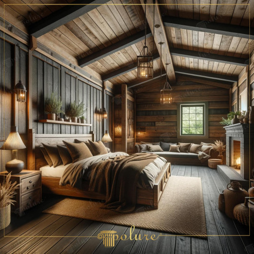 Rustic Wooden Shelter Natural Touches in Your Modern Home This bedroom combines deep and rich wood tones with polyurethane beams, bringing the warmth and comfort of rustic design to a contemporary home environment. Dark wood paneling and soft lighting create a chalet feel in the room, while large windows invite nature's views in. Every corner of the room is filled with natural materials and carefully selected furniture. It creates a peaceful atmosphere with its careful combination. Impressive chandeliers and gas lamp-style lighting hanging on the walls blend the spirit of the past with modern comfort. This carefully designed bedroom offers a rustic getaway, both visual and emotional.