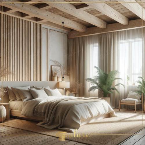 The Lightness of Wooden Beams for a Bright and Rustic Bedroom This bedroom offers a modern and bright interpretation of rustic design, using light-toned wooden beams and natural textures. Combining the practicality of polyurethane with the warmth of wood, the beams give the room a unique character, while plenty of natural light contributes to the feeling of the space being large and spacious. Decorative panels adorned with asymmetrical lines and calm colors on the walls. Creates a peaceful atmosphere. Enriched with modern furniture and live plants, this area stands out as an inviting shelter to take a break from the hustle and bustle of daily life.