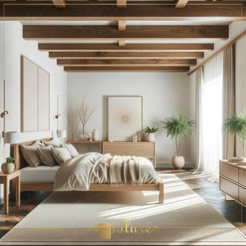 Warm Touch of Wood, Minimalist Bedroom Enriched with Polyurethane Beams This bedroom blends a warm atmosphere and the tranquility of minimalist design in perfect harmony with polyurethane wooden beams. Light-colored walls and natural wood tones add a calm and inviting atmosphere to the space, while the general layout of the room reflects the simplicity of modern life. Polyurethane beams bring the aesthetic beauty of real wood to living spaces in a practical way. Plants and decorative elements in neutral colors complete the natural and relaxing feel of the space. This bedroom is designed as a getaway where you can find peace and comfort after a busy day.