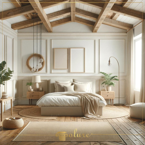 Rustic Bedroom with Polyurethane Beams, Where the Warmth of Wood and Modern Design Meet This bedroom combines the simplicity of modern design with the wooden texture of polyurethane beams. The eye-catching ceiling design highlights the natural aesthetics of the room, while the white panels and elegant decorative frames on the walls create a sophisticated atmosphere. Every corner of the bedroom gives the feeling of a tranquil haven with rich textures and a soft color palette. Bright and peaceful The harmony of traditional and modern elements is revealed in this space. This rustic bedroom is an ideal source of inspiration for those looking for the perfect harmony of modern comfort and natural beauty.