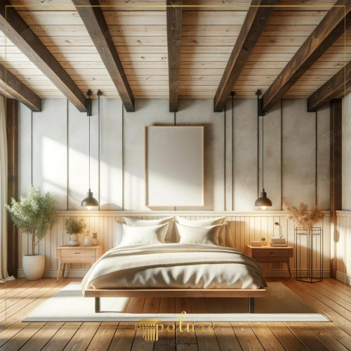 Rustic Bedroom Decoration Enriched with Natural Magnificence Polyurethane Wooden Beams The bedroom in this image is an example of rustic decoration where polyurethane wooden beams and decorative products are blended with light and natural touches come to the fore. Polyurethane, produced with the material technology of the modern age, reflects the warmth and aesthetics of wood and offers a long-lasting and easy-to-maintain alternative. Dark beams on the ceiling and walls add depth and character to the space. Large wooden floors on the floor contribute to the bedroom feeling large and spacious. Soft lighting and simple furniture add a modern touch to this rustic getaway. This decoration style is an ideal option for those who want to get away from the chaos of city life.