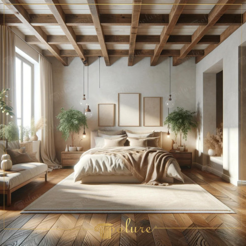 The Aesthetics of Rustic Design Polyurethane Wooden Beams Bringing the Warmth of Nature to Indoors The bedroom in the image reflects the perfect harmony of modern and rustic aesthetics. In this place where soft natural light dances on wooden surfaces, the texture and depth provided by polyurethane wooden beams highlight the character of the room. These special beams imitate the texture of real wood and offer a lighter and longer-lasting alternative. Natural color palette The interior enriched with soft touches and plants gives a feeling of peace and serenity. Modern details such as geometric patterns on the floor of the room and artworks on the walls come together with rustic touches to create a timeless elegance. The use of polyurethane wooden beams supports this design philosophy and stands out as both an aesthetic and functional solution