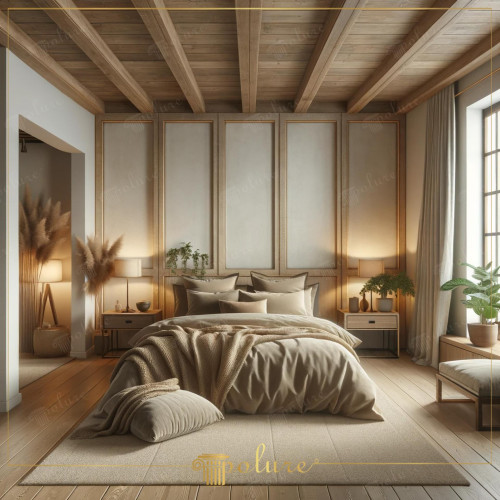 Rustic Elegance Modern Bedroom Decoration Created with Polyurethane Wooden Beams Our bedroom should be a personal shelter where we can get away from the stress of daily life and find peace and comfort. The bedroom in the image perfectly responds to this need by combining the warmth and sincerity of rustic decoration with modern design elements. The natural texture and visual richness of the polyurethane wooden beams add both character and depth to the ceiling of the room. These beams While reflecting the aesthetic appeal of real wood, it also benefits from the durability and lightness advantages offered by polyurethane. This space, enriched with soft colors, natural materials and plant touches, creates a calm atmosphere. Furniture and accessories selected in harmony under the wooden beams increase the functionality of the room and provide visual integrity. The ease of maintenance and long life of the polyurethane material. makes this kind of decorative solutions even more attractive