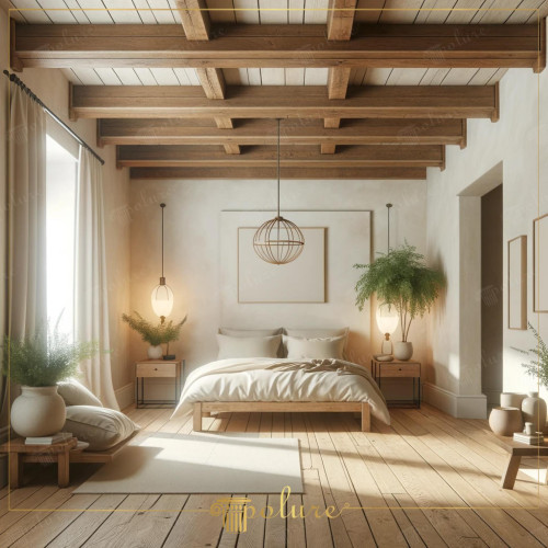 Modern Rustic Bedroom Decoration with Polyurethane Wooden Beams The bedroom in this image combines the warmth of polyurethane wooden beams and the elegance of wooden decorative products with a modern rustic aesthetic. Polyurethane materials that reflect the texture and appearance of natural wood were used in the design. These materials have replaced real wood with their high quality and durability, and are also notable for their ease of installation and long-lasting use. The polyurethane beams located on the ceiling and in various corners of the room create an eye-catching effect, adding both aesthetic appeal and creating architectural depth. The bright and peaceful atmosphere of the room is enriched with natural light and, together with the white walls, increases the spacious feeling of the room. The addition of polyurethane beams gives the room an authentic rustic feel This bedroom offers comfort and style together by displaying a unique harmony of both modern and classic design elements.