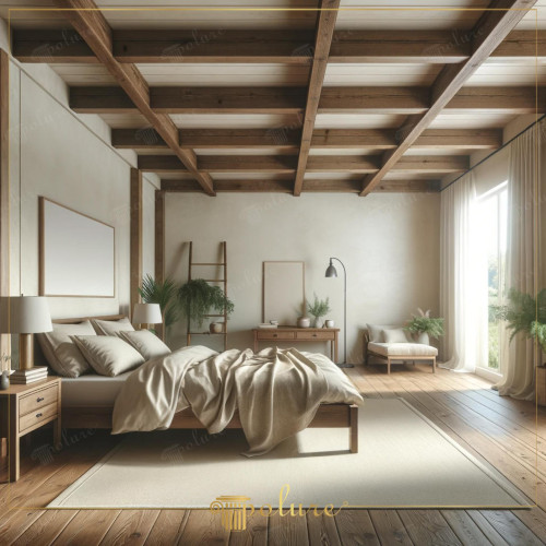 Rustic Bedroom Designs Equipped with the Elegance of Polyurethane Wooden Beams The bedroom in this picture combines the warmth and elegance of wooden beams made of polyurethane material with a contemporary rustic decoration approach. The general atmosphere of the room gains a sophisticated atmosphere with polyurethane beams imitating the natural wood texture. These materials, in addition to having the aesthetics of real wood, also stand out with their lightness and easy assembly features. The beams extending along the ceiling add a characteristic appeal to the space and provide visual richness. Dark beams contrasting with the light white ceiling panels add depth and texture to the space, while at the same time creating a feeling of warmth and naturalness. The neutral tones used in the room allow natural light to illuminate the space and daylight filtering through the large windows. This minimalist approach creates a visually peaceful environment as well as a calm and relaxing atmosphere. The use of polyurethane beams adds a traditional rustic touch to this modern bedroom, creating a perfect balance between historical and contemporary elements. The simplicity of modern design in the room It displays a timeless beauty by blending the warmth of rustic decor with