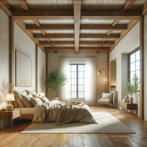 Rustic Bedroom Decoration Enriched with Polyurethane Wooden Beams The bedroom in the image brings together the warmth of wooden beams produced with polyurethane material and the comfort of rustic decoration. In this bedroom design, polyurethane beams that recreate the appearance of natural wood offer both an aesthetic and practical solution. Known for their durability and longevity, these beams add a warm and inviting atmosphere to the space. The parquet pattern is in harmony with the natural tones of the ceiling and integrates with the general natural texture of the space. Light color walls and plenty of natural light make the room feel spacious and airy. Elegant plants and soft-textured textiles in the design of the bedroom strengthen the natural rustic theme. This bedroom is in touch with nature while responding to the needs of modern life Full of details that reflect a lifestyle, Polyurethane wooden beams preserve the appeal of traditional rustic style with modern features such as sustainability and easy maintenance.