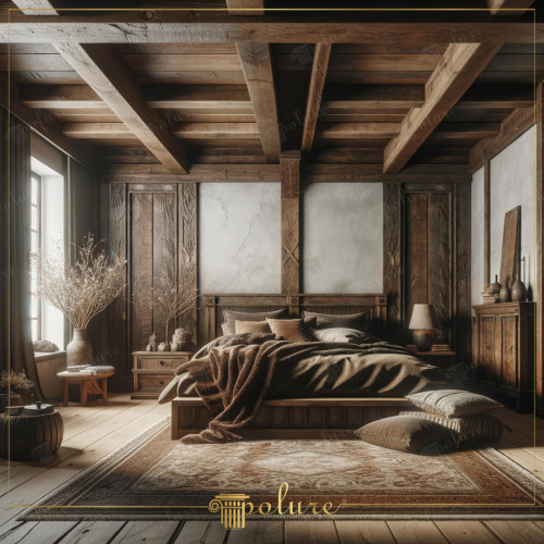 Rustic Bedroom Designs Enriched with Inspirations from Ancient Times and Polyurethane Wooden Beams This impressive bedroom design blends old-world charm with the ease of use of modern materials, creating a unique atmosphere of tranquility. Dark polyurethane wood beams decorate the ceiling, while wooden furniture with heavily carved details throughout the room completes the spacious relaxing bedroom. Capturing the essence of rustic decor, this design captures the essence of rustic decor, natural balance balanced with rich dark tones. It attracts attention with its light color palettes. Wide planks on the floor and elegantly woven carpet add warmth to the room. Traditional rustic furniture offers timeless elegance with its antique look. The fine workmanship on the headboard and cabinet doors reminds you of the delicate touch of handmade furniture. This bedroom offers an escape from the rush and stress of the modern world. Polyurethane The use of wooden beams offers a solution that is both aesthetic and practical, allowing you to avoid the weight and maintenance difficulties of real wood. Rustic design combined with natural materials and soft textures creates a relaxing and inviting atmosphere