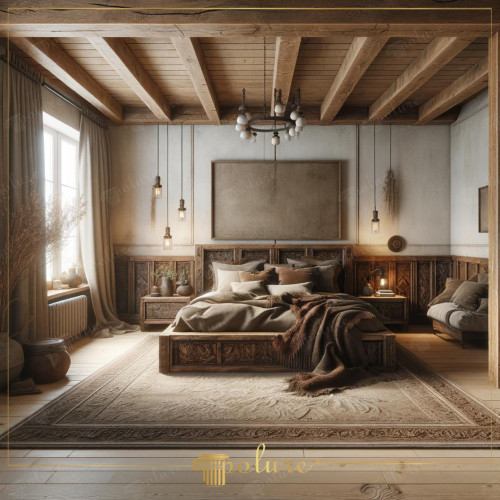 Rustic Decoration Secrets That Turn Your Home into a Warm Castle Rustic decor is one of the most effective ways to bring the warmth of natural materials and the rich texture of history to living spaces. This bedroom creates a rustic world with polyurethane wooden beams and carved wooden decorative products. Large and natural wooden floors on the floor bring the beauty of nature into the interior. Large neutral-colored paintings on the walls bring the peace of art. It places its transmitting effect at the center of the room. Large windows let in natural light, while long linen curtains maintain privacy and provide a soft atmosphere. The bed, which is the focal point of the bedroom, offers inviting comfort with elegant duvet cover and fluffy pillows. The sitting corner on the side is the perfect place to relax at any time of the day. stands out The use of polyurethane material increases the maintainability and durability of this rustic decor, without compromising the visual effect of real wooden beams. Each piece of furniture and decorative object in the room has fine details of hand craftsmanship. This further strengthens the character of the space