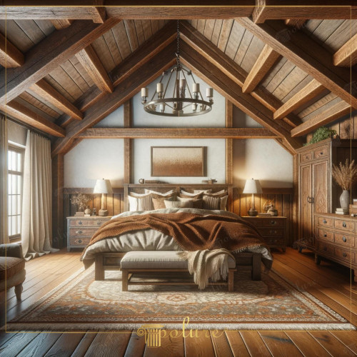 The Warmth of the Old World The Art of Rustic Bedroom Decoration Rustic decoration is an art that brings the warmth of historical texture and natural materials to contemporary living spaces. This bedroom perfectly displays this art with the impressive combination of wooden beams and polyurethane decorative elements. The room is filled with rich wood tones and carefully crafted furniture, giving the space the character of a historic farmhouse. The dark wooden beams decorating the room add depth and character. Polyurethane models throughout the room offer a modern interpretation of rustic charm. The bed, decorated with soft-touch textiles and inviting pillows, offers comfort and style together. Bedside tables, drawers and cabinets bear the traces of old world craftsmanship. Lighting choices provide warmth and tranquility. It complements the overall design of the room while creating a giving atmosphere. This room combines traditional rustic style with modern comfort and sustainability