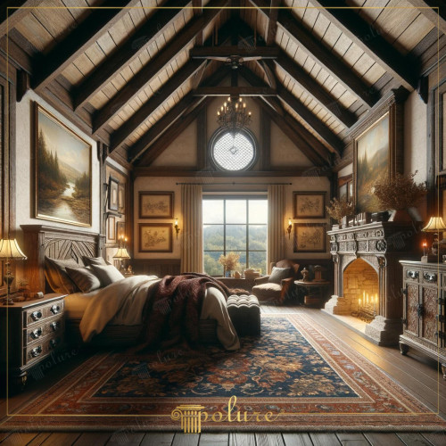 Rustic Bedroom Wonders Designed with Polyurethane Beams, Harmony of Classic and Comfort Rustic decoration is a style that reflects the raw beauty of nature and the charm of classical architecture, and it gains a contemporary transformation with polyurethane beam logs and rafters. The bedroom in the picture is an example that combines the delicacy and warmth of this style with the ease and functionality of modern materials. Polyurethane extends along the ceiling and creates an eye-catching architecture While the beams increase the aesthetic value of the room, they also provide ease of installation and maintenance with their lightness. The fireplace, which stands out in the room, is at the heart of the room as the lifeblood of the rustic atmosphere and adds a deep warmth to the space. While the natural light filtering through the windows makes the room bright and spacious, the wooden texture of the large and patterned carpet floor. Every corner of the bedroom is filled with carefully selected furniture and accessories. Antique-looking frames, works of art and elegant lampshades blend the elegant touch of the past with today's comfort. This carefully arranged space is an ideal shelter for those who want to get away from the stress of modern life and relax in a peaceful and quiet environment. it becomes