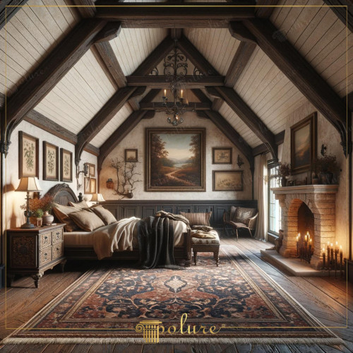Modern Touches in Rustic Architecture Bedroom Decor Enriched with Polyurethane Beams Rustic decoration is one of the most impressive ways to bring a lifestyle adorned with natural beauties within the four walls of our home. Modernized rustic decoration with polyurethane beam and rafter models both preserves the traditional texture and embraces the innovations brought by the modern world. The bedroom in the picture is a place that perfectly reflects this dual harmony. Polyurethane beams that offer a wooden look decorate the ceiling of the space, offering durability and aesthetic beauty. Every corner of the room is carefully arranged with elegant furniture and accessories. The classic fireplace stands out as the warm and inviting center of the room and serves as an indispensable part of the rustic style. The wall art at the headboard and the paintings on the side walls are idyllic. It looks like a natural extension of the interior with its views. The large and patterned carpet completes the atmosphere of the room with rich colors and patterns in harmony with the wooden texture of the floor. This carefully designed rustic bedroom is a perfect example for those looking for a peaceful and comfortable environment away from the chaos of modern life. With polyurethane beams These revitalized spaces offer the warmth and comfort of traditional rustic decoration with an innovative and practical approach.