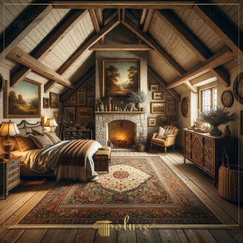 Modern Interpretation of Rustic Values, Magnificent Bedroom Design with Polyurethane Beams Rustic decoration plays a key role in the meeting of natural textures and traditional designs with modern living spaces. This bedroom, enriched with polyurethane beams and rafters, reflects the perfect combination of aesthetics and comfort by presenting the warmth and naturalness of rustic style from a contemporary perspective. The room in the picture is a product of this design philosophy, both visually and visually. It offers an impressive and practical use. The polyurethane beams covering the ceiling are produced faithfully to the texture of real wood and give the space an authentic look. These beams blend the lightness and durability of modern materials with the aesthetics of traditional wooden beams. The furniture and accessories gathered around the fireplace bear the traces of a decoration concept inspired by the past. The large patterned carpet used in the bedroom and the artworks on the walls complement the general theme of the space, presenting rustic and classical beauties in a modern framework. Each decorative element transforms the room from just a sleeping area into a peaceful and inviting living space. This bedroom is a place to get away from today's fast pace and return to the calmness of the past. It offers an ideal escape point for those who want to get away. The rustic bedroom designed with polyurethane beams appears as a design inspiration that can be applied in every home.