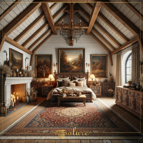 Modern Interpretation of the Classic Rustic House, Stylish Bedroom Enriched with Polyurethane Beams The rich and warm texture of rustic decoration offers timeless beauty and comfort when combined with modern applications of polyurethane beam logs and rafter models. The bedroom in the picture is a perfect example of this unique combination, skillfully combining traditional rustic style and modern design understanding. Polyurethane beams adorning the ceiling convey the warmth of traditional wooden beams. and presents its character with the lightness and durability of modern materials. The accessories and antiques gathered around the fireplace carry a rich story and traces of the past. The large and patterned carpet used in the bedroom contributes to the general theme of the room, in harmony with the wooden texture of the floor. Paintings reflecting pastoral landscapes on the walls make you feel that nature has been brought into the interior and It complements the peaceful atmosphere of the room. This bedroom design creates an ideal shelter to relax and rejuvenate at the end of each day. Equipped with polyurethane beams, this space offers the aesthetic pleasure of rustic decoration and a modern approach that meets the functional needs of our living spaces