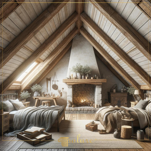 Attic Bedroom Enriched with Polyurethane Beams, the Intersection Point of Rustic Texture and Modern Comfort The warmth and naturalness of rustic decoration are reinterpreted in modern living spaces with polyurethane beam and rafter models. The loft bedroom pictured offers a perfect example of this reinterpretation. Here, polyurethane beams blend the look and feel of traditional wooden beams with a contemporary perspective. These beams, which extend along the ceiling, give the room a rustic look. While adding atmosphere, redesigning them with polyurethane material provides modern advantages such as durability and ease of maintenance. The design of the bedroom is full of natural tones and materials to create a space where peace and tranquility prevail. The comfortable seating area in front of the fireplace and the old-style tools hanging on the side walls make the room look like a village house. It emphasizes its aesthetics. The windows, which let in plenty of natural light, make the space bright and spacious and create a feeling of integrity throughout the room. This attic bedroom is designed as a shelter away from the hustle and bustle of daily life, enriched with the warmth of natural materials and the modern touches of polyurethane beams. This space brings rustic aesthetics to the modern world. It offers an ideal escape point for those who want to take a breath from the intensity of daily life and relax in the peaceful arms of nature.