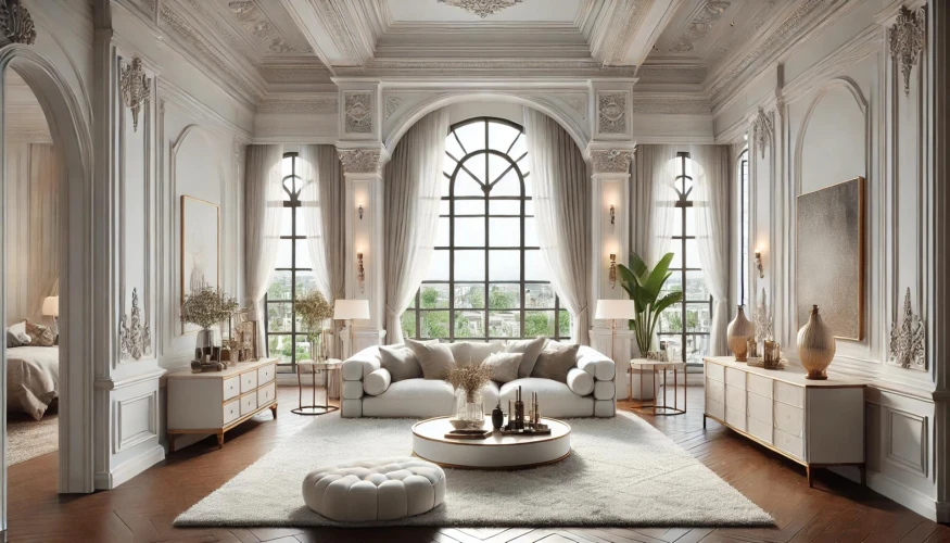 Modele de decor living cu coloane Iata un design de lux pentru living Acest design are ferestre mari arcuite muluri elegante si tavane inalte Camera are o lumina naturala mare si spatioasa intra prin ferestre Mobilierul include o canapea alba mare si confortabila o masuta de cafea in centru si un covor de plus ca elemente decorative se folosesc lampi elegante si opere de arta Designul pune accent pe un stil clasic si elegant cu o nota moderna