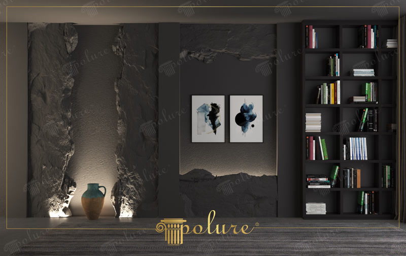 Panou din poliuretan cu aspect Rock Iluminare cu LED-uri cu lumină ascunsă Decorarea peretelui sufrageriei  Decorarea pereților camerei de zi cu panou din poliuretan cu aspect de stâncă și soluții de iluminat cu LED-uri cu lumină ascunsă care oferă e