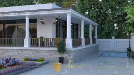 Atingeri elegante și clasice, cu cap de coloană din poliuretan, tribune și streașină în decor de verandă